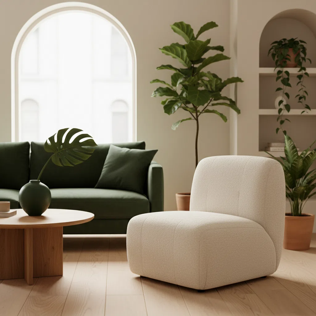 A calm workspace with a notepad, plant and glass of water on a light wooden desk