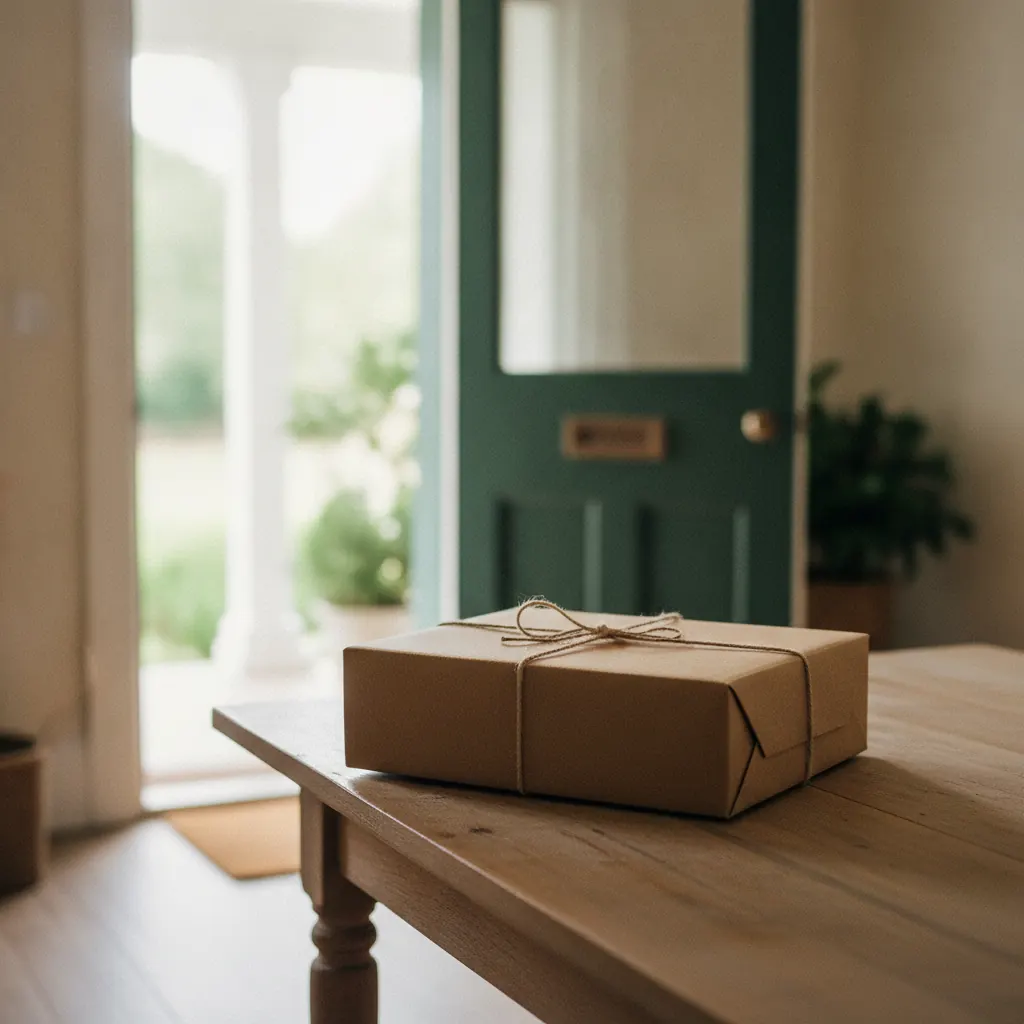 A neat kraft cardboard parcel box on a wooden table near a front door
