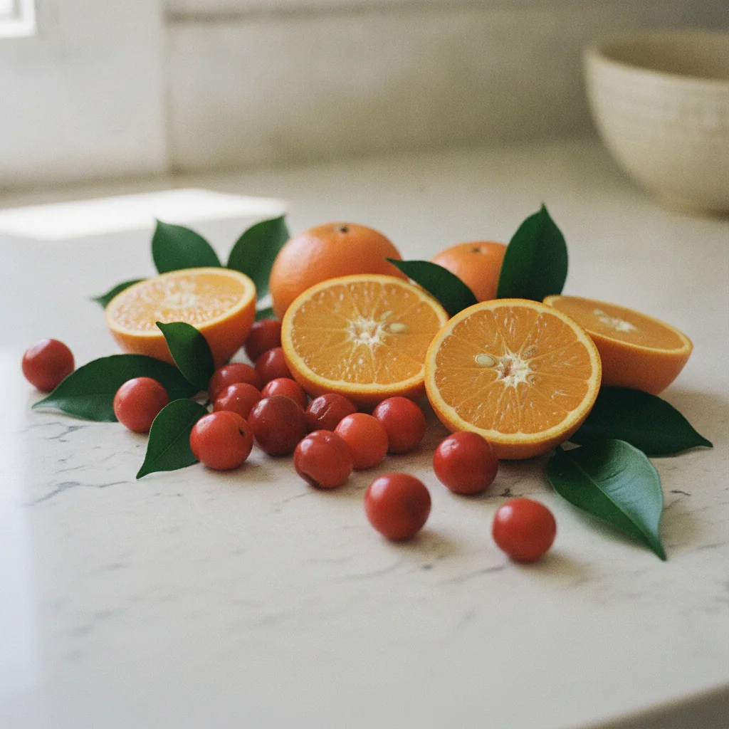 Fresh acerola cherries and sliced oranges arranged on a light stone surface