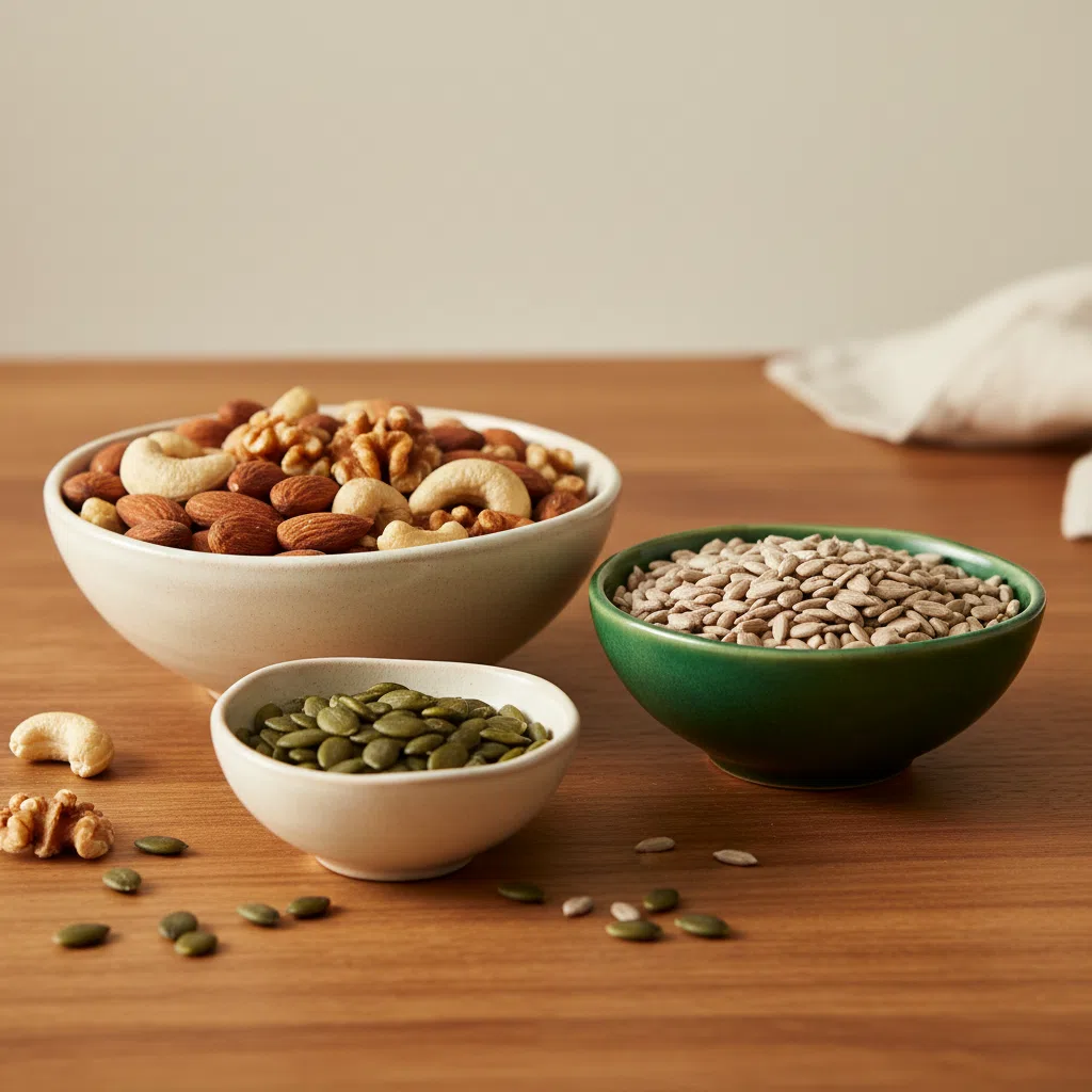Mixed nuts, sunflower seeds and grains in ceramic bowls on a wooden table