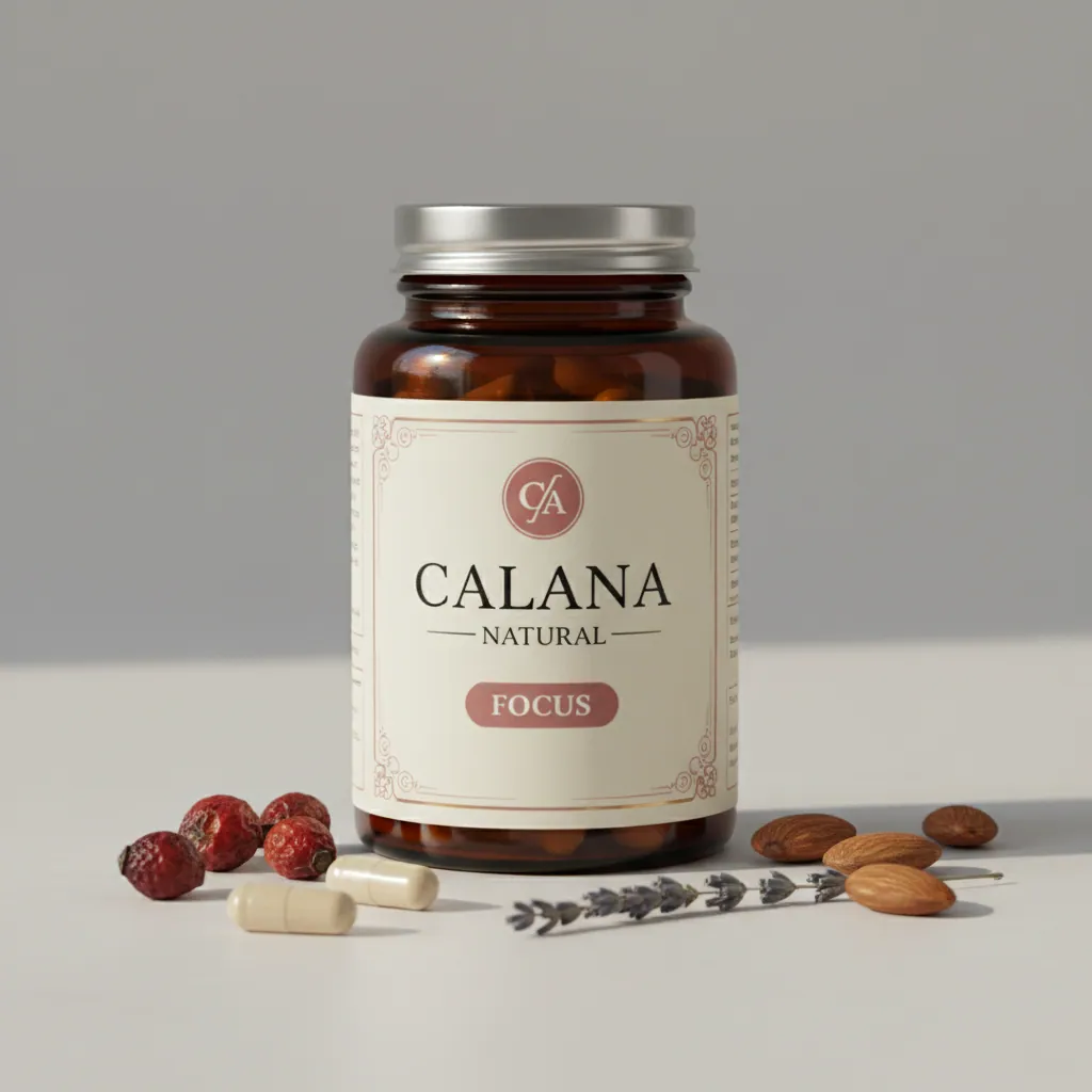 Calana Natural amber glass supplement jar with label on a clean cream background